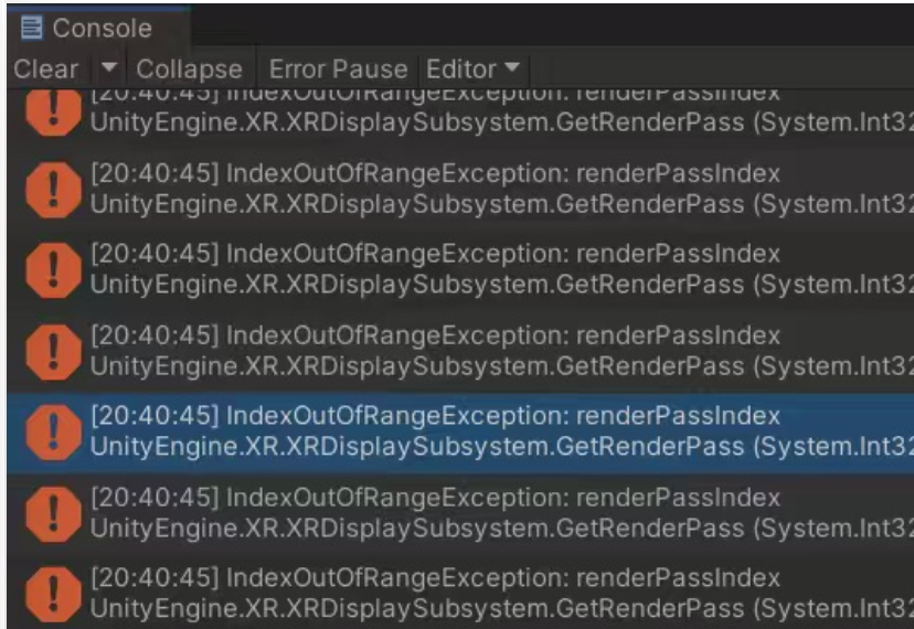Console 连续输出 IndexOutOfRangeException:renderPassIndex，堆栈指向 XRDisplaySubsystem:GetRenderPass