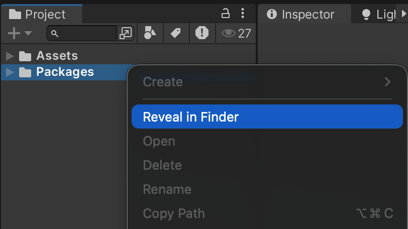 Project 窗口里右键 Packages 文件夹，菜单中的 Reveal in Finder 高亮