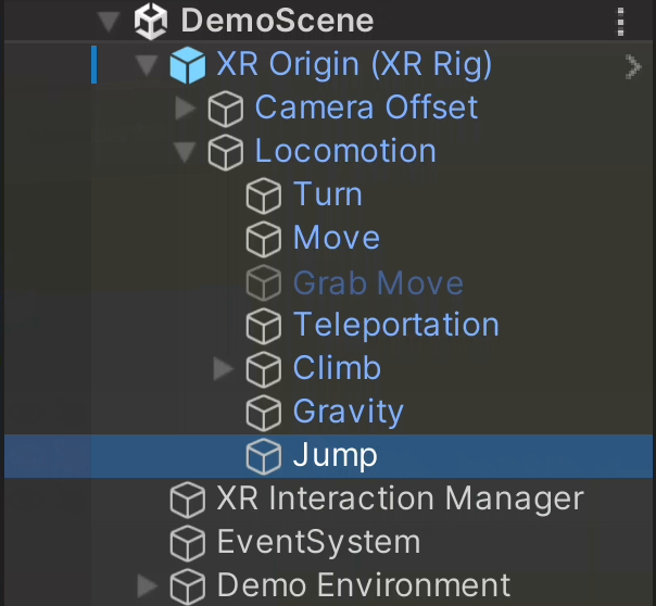 XR Origin 下的 Locomotion 节点,Turn、Move、Grab Move、Teleportation、Climb、Gravity、Jump 都是它的子物体