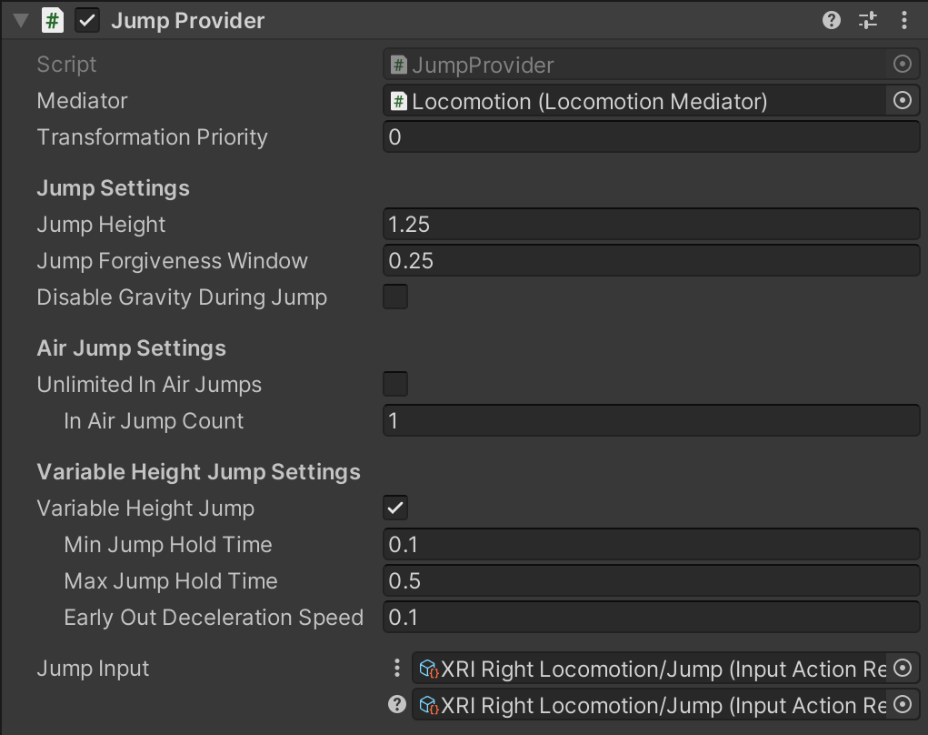 Jump Provider 组件的完整参数列表,分为 Jump Settings、Air Jump Settings、Variable Height Jump Settings 三组,末尾是 Jump Input