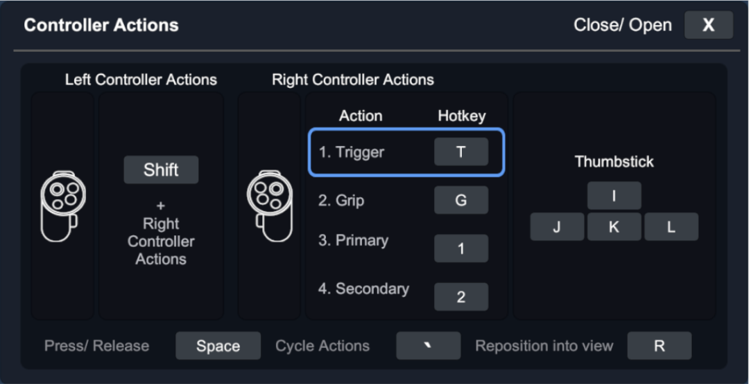Controller Actions 面板：Trigger/Grip/Primary/Secondary 四个动作的按键映射，摇杆 I/J/K/L，底部是 Space 保持动作与反引号循环切换