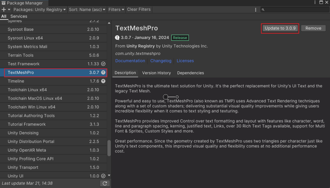 Package Manager 中 TextMesh Pro 的详情页,右上角是 Update to 3.0.9 按钮
