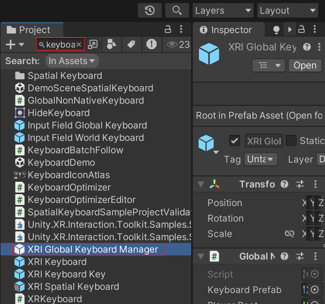 Project 窗口搜索 keyboa 的结果,选中 XRI Global Keyboard Manager 预制体,右侧 Inspector 显示它挂载的 Global Non Native Keyboard 组件