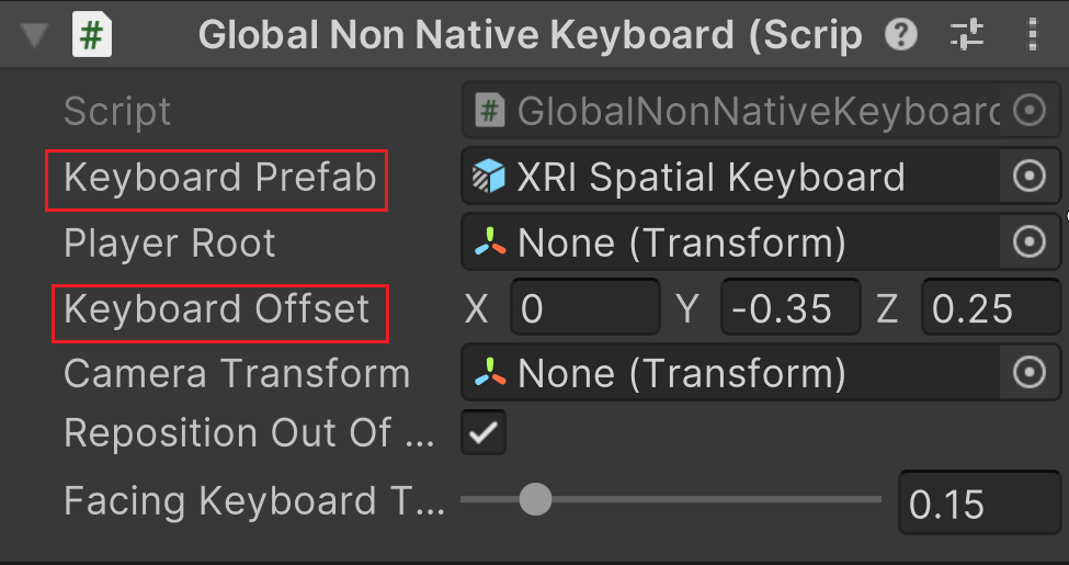 Global Non Native Keyboard 组件的参数:Keyboard Prefab 指向 XRI Spatial Keyboard,Keyboard Offset 为 X0 Y-0.35 Z0.25