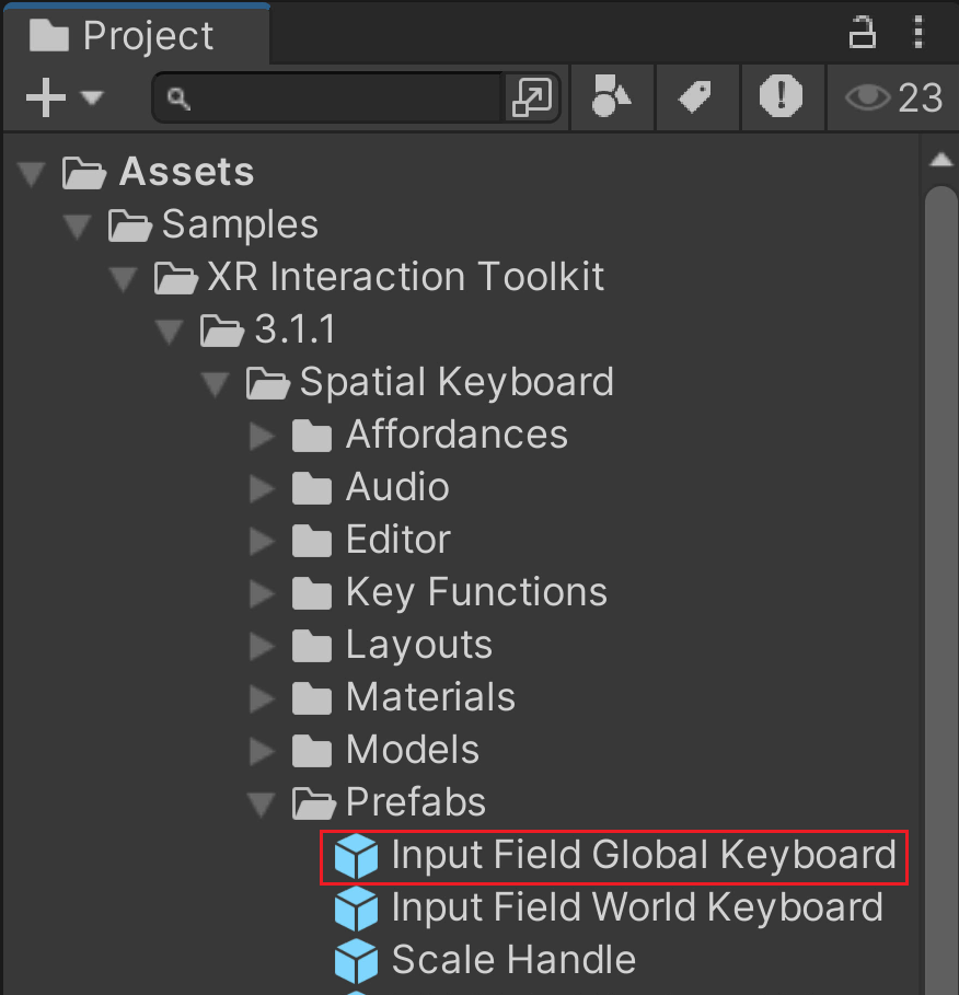 Spatial Keyboard 示例的 Prefabs 目录,其中的 Input Field Global Keyboard 预制体被红框标出