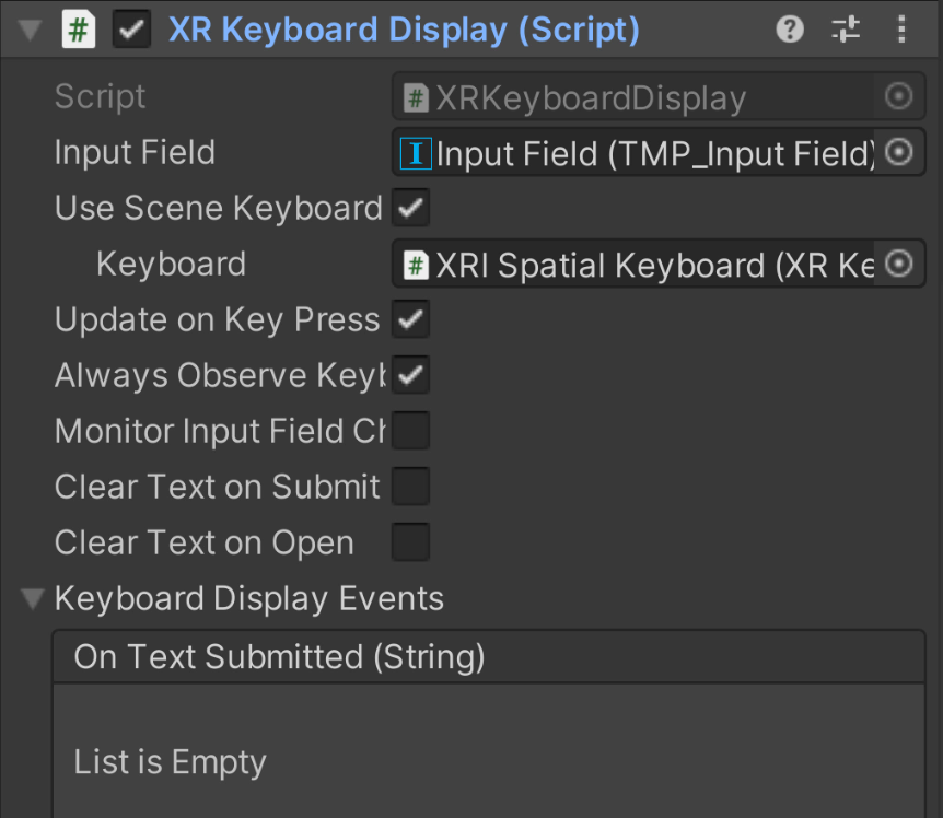 XR Keyboard Display 组件的参数列表,以及底部的 Keyboard Display Events 事件回调